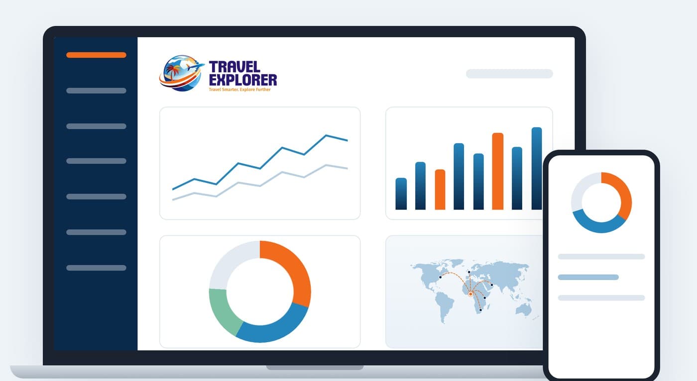 Illustrative Travel Explorer reporting dashboard on laptop and phone