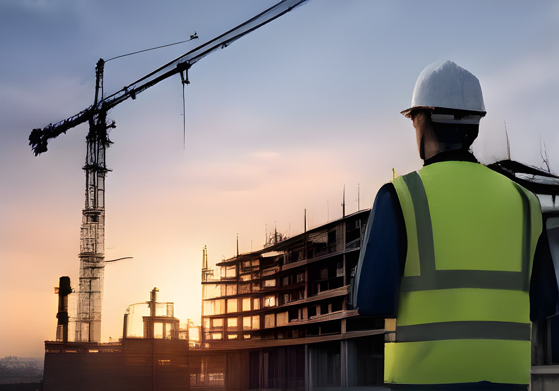 Engineer in hi-vis watching a construction site and crane at sunset