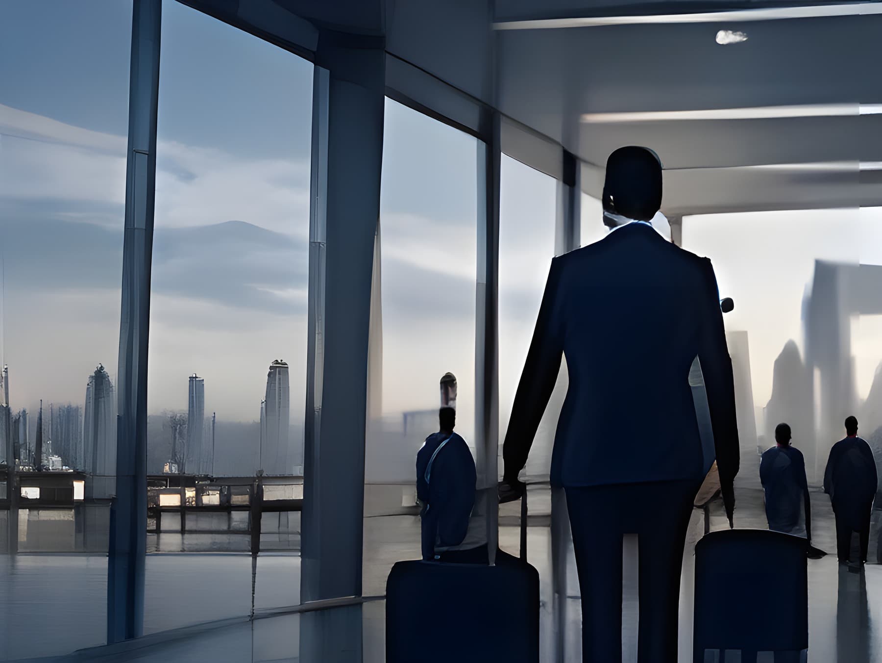 Business traveller with luggage walking through a glass terminal