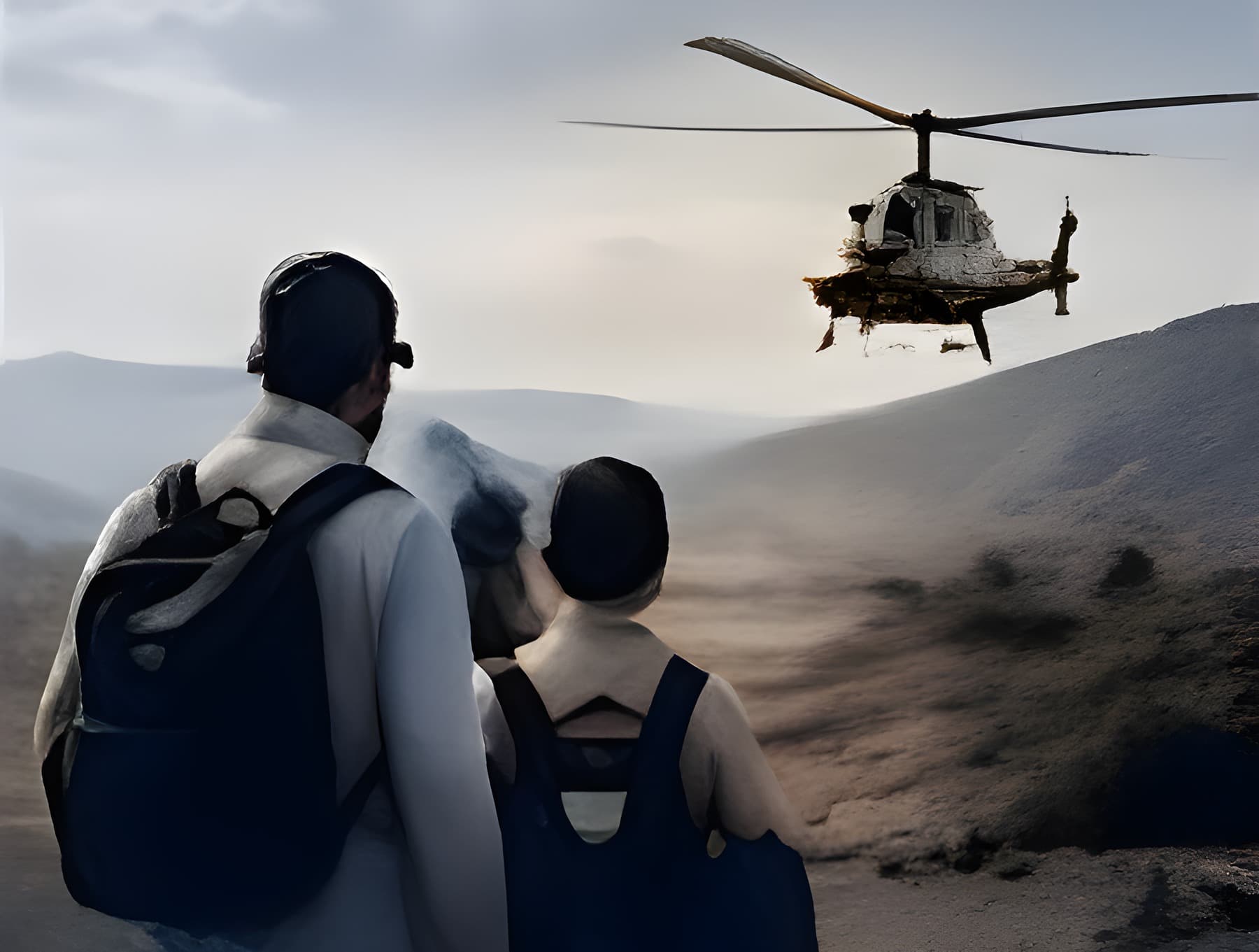 Aid workers watching a helicopter land in the hills